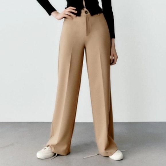 Zara Wide Leg Pants Trousers Camel - Picture 9 of 10
